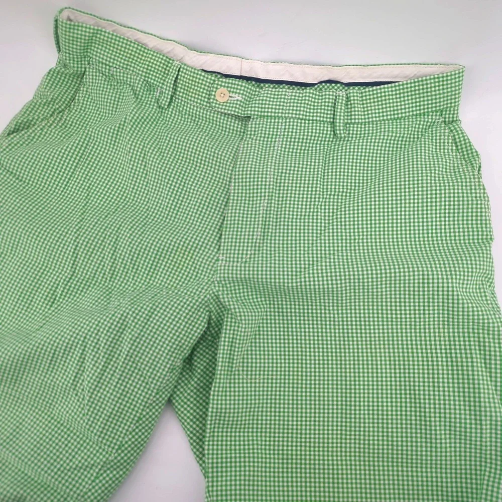 Polo Ralph Lauren Men's Green Gingham‎ Shorts Size 35 Flat Front Preppy Casual